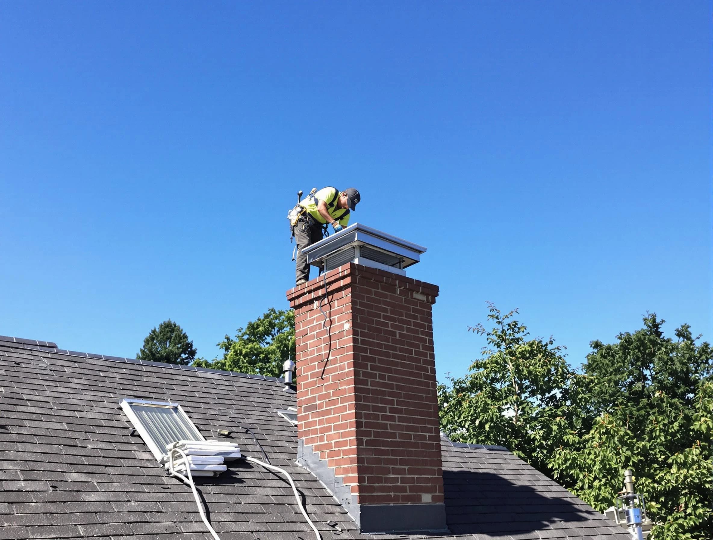 Edgewood Chimney Sweep technician measuring a chimney cap in Edgewood, NM